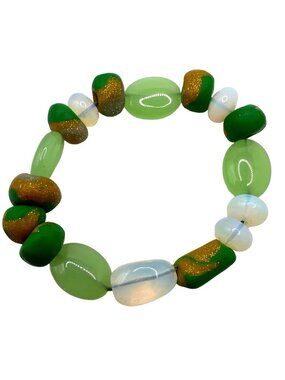 Opalescent Green Bead Bracelet Wood Beads Stretch